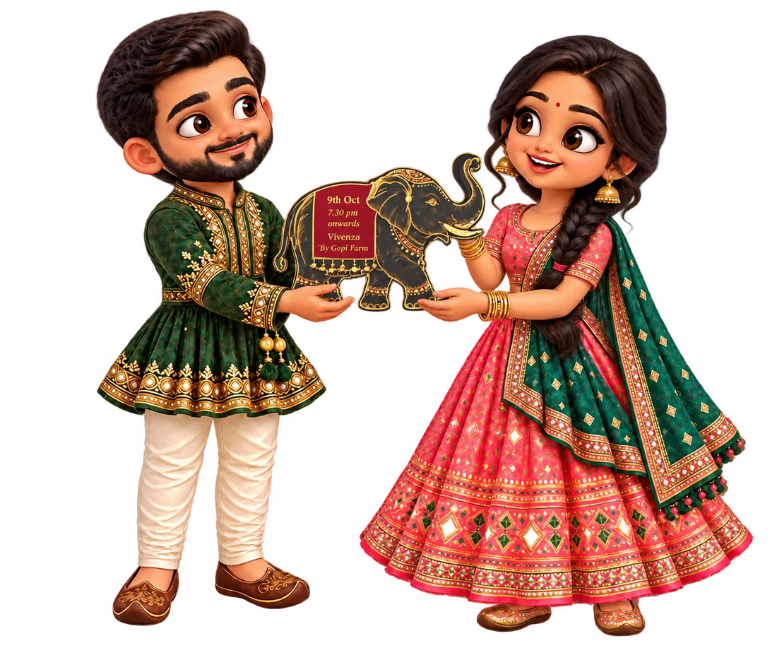 She hands him one charcoal elephant-shaped invitation with gold detailing, a raised trunk and a burgundy event panel, matching the original invitation. One elephant pass admits two people.