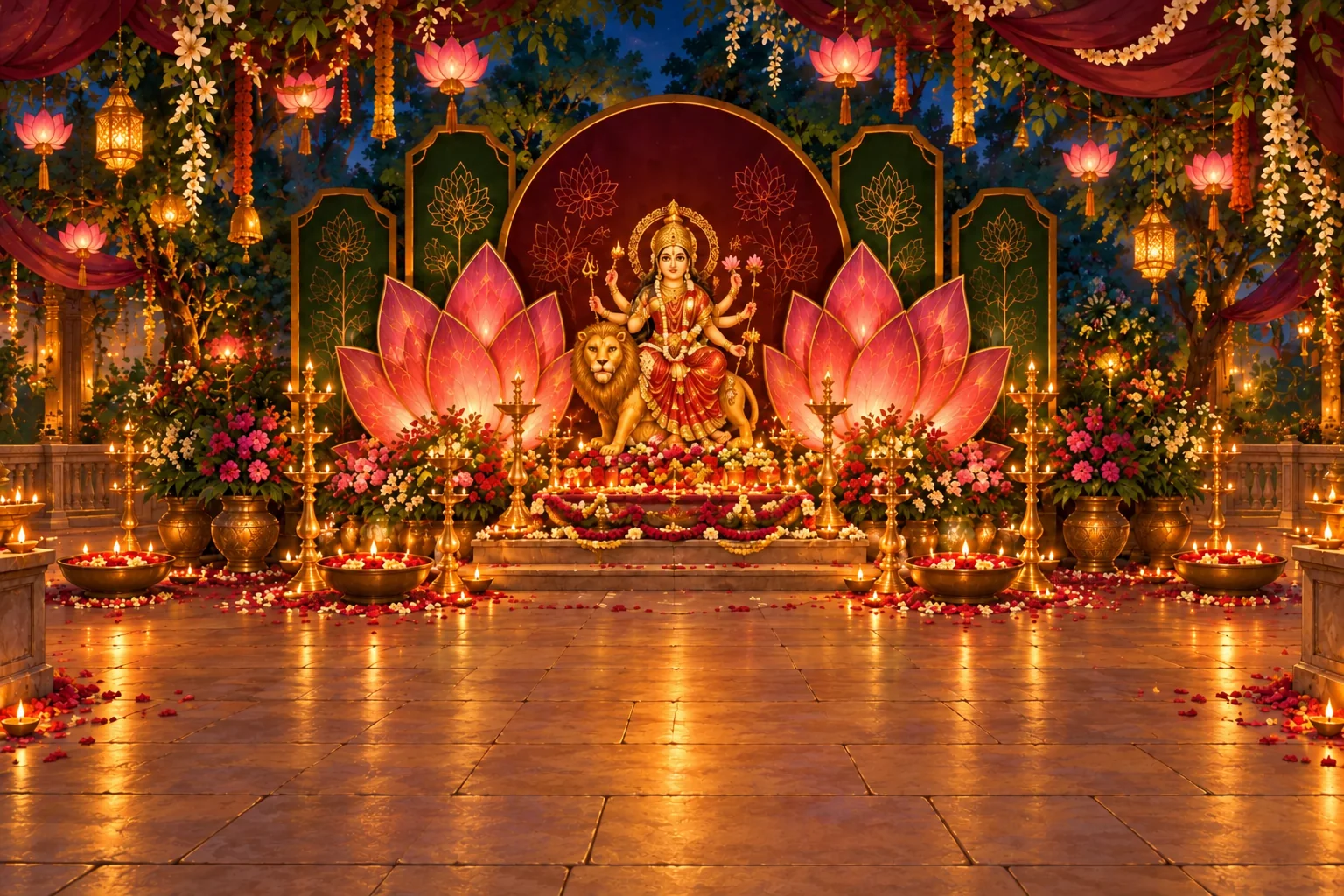 A Maa Amba aarti alcove with two maharajs on the shrine stairs, burgundy and gold backdrop, pink lotus sculptures and glowing diyas