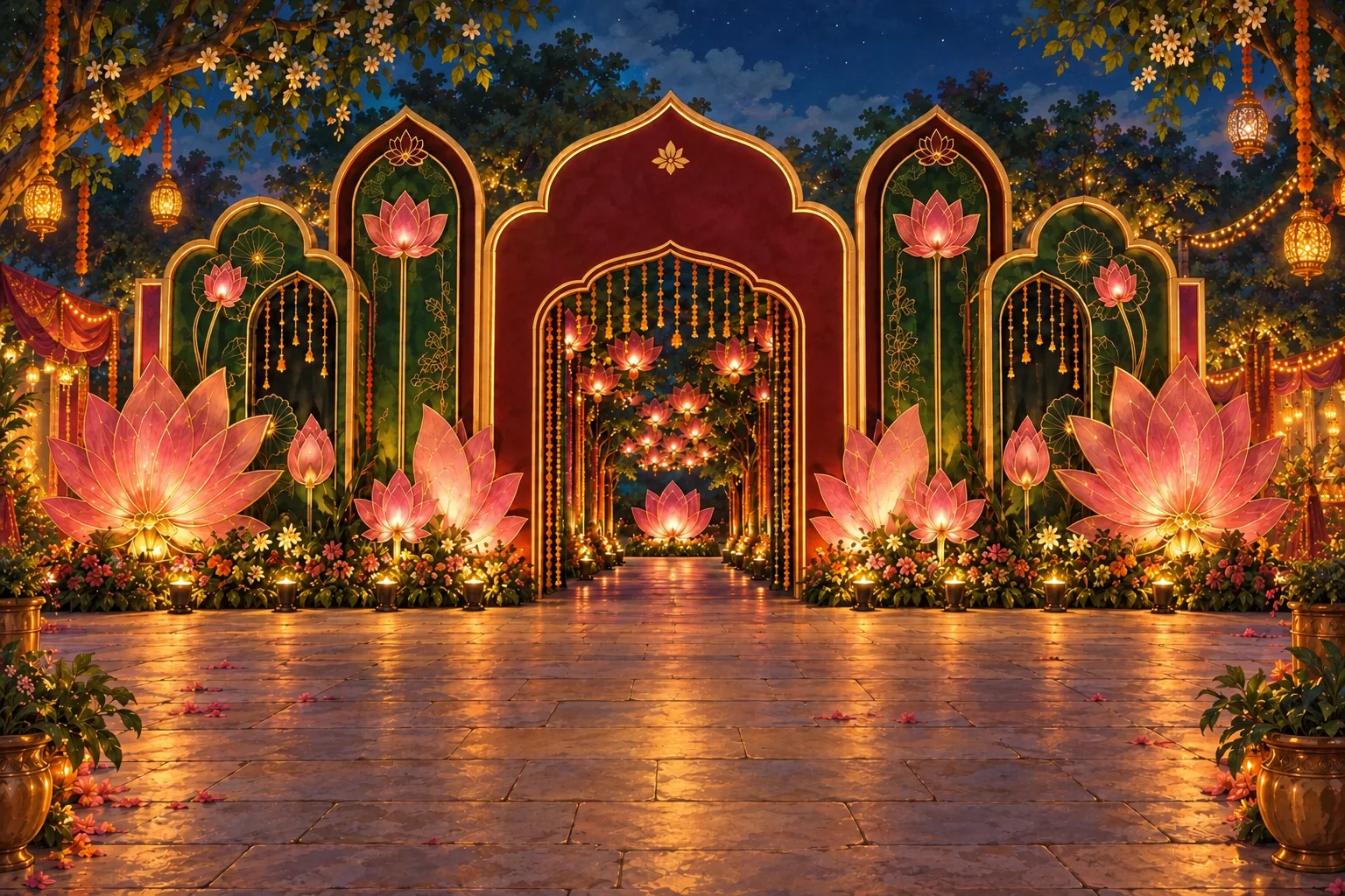 The event’s burgundy and gold scalloped entrance with glowing pink lotus sculptures and emerald panels