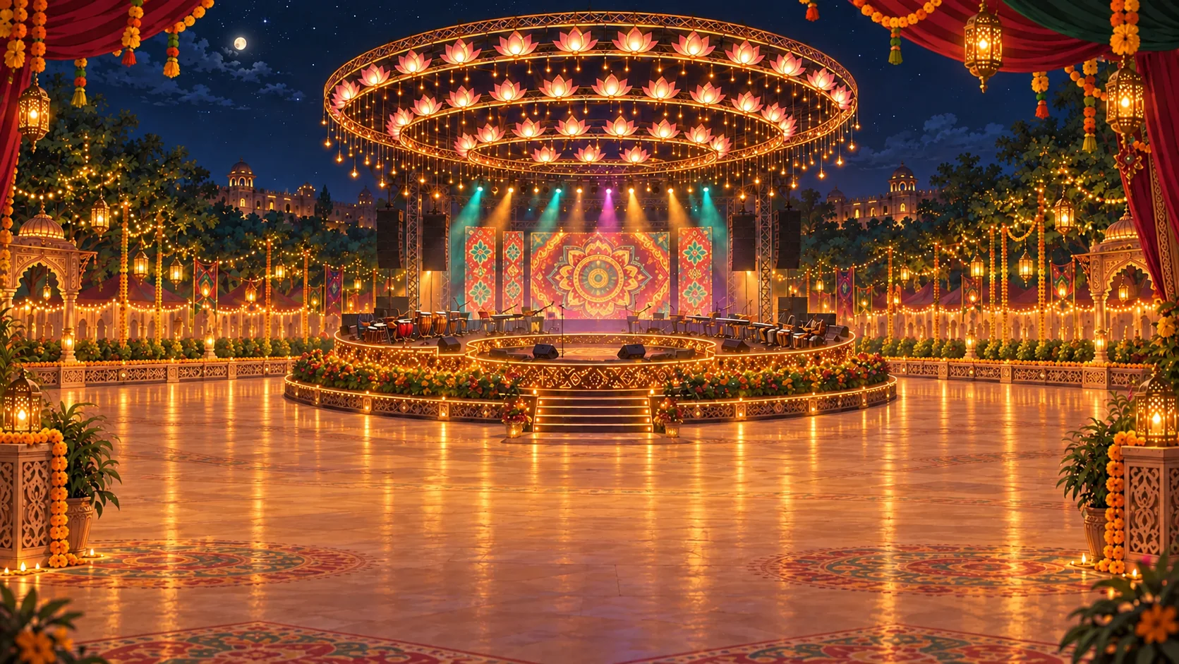 A circular artist stage beneath glowing lotus rings, with the earlier mandala concert screen, colourful lights and Gujarati garba dancers under the night sky