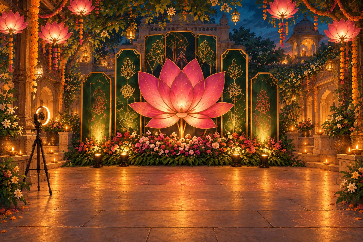 The lotus foyer photobooth, with a luminous pink lotus, gold botanical emerald panels, flowers and camera
