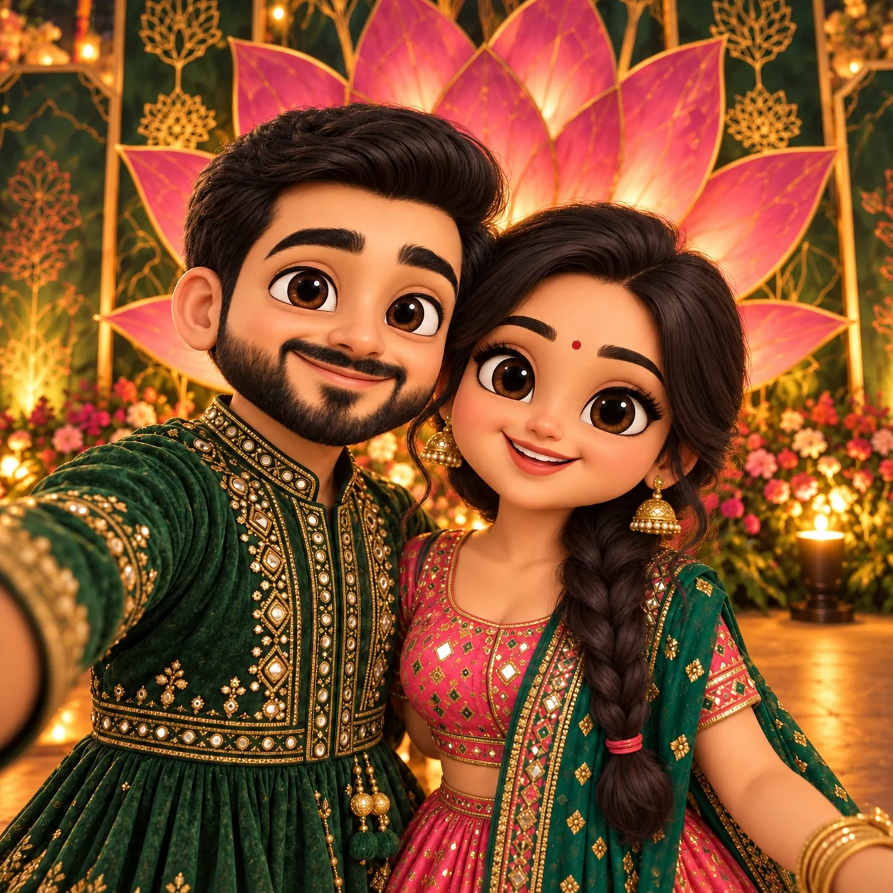 The same two friends taking a selfie in front of the glowing pink lotus and emerald botanical photo wall