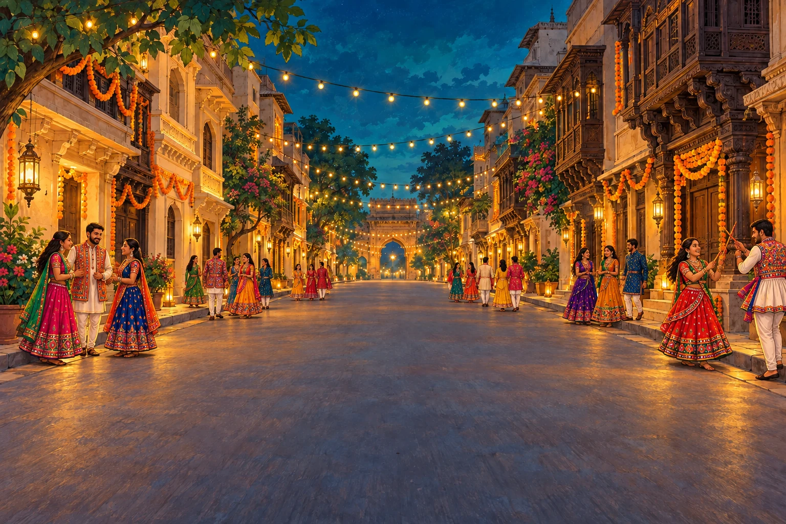A lantern-lit Ahmedabad road with people in festive Navratri clothes walking, chatting and playing dandiya along the sides