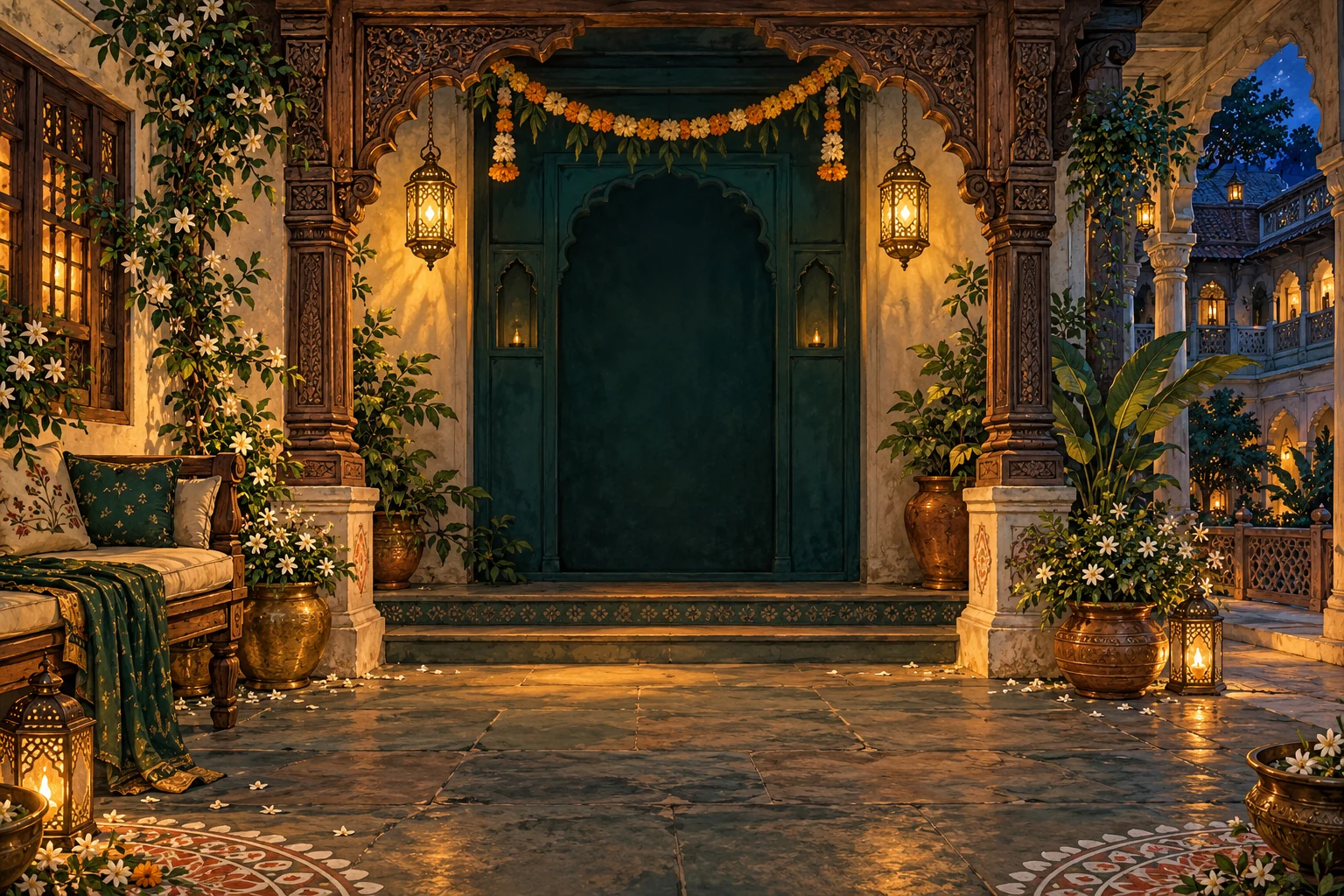 A painted Gujarati veranda with carved arches, glowing lanterns, marigolds and jasmine